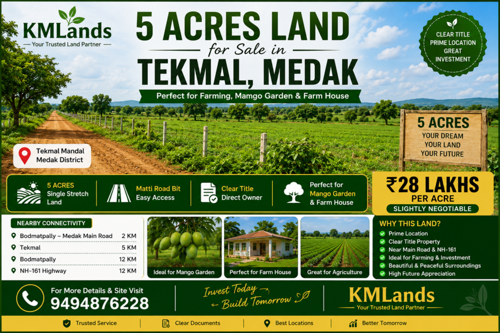 Tekmal Agricultural Land, Medak Farm Land for Sale, Farm House Land in Medak,